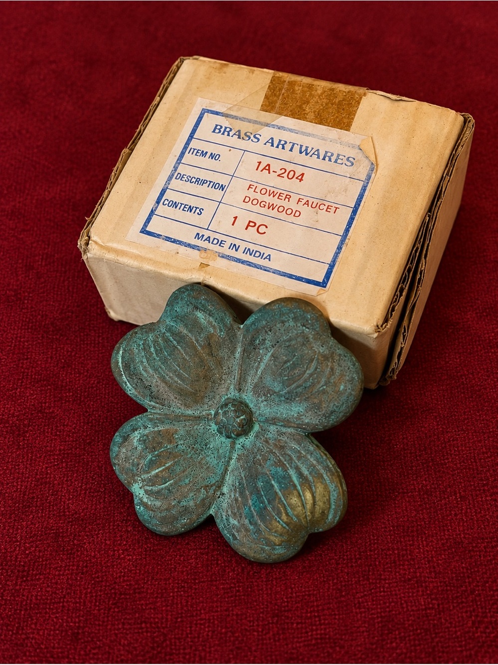 Vintage Brass Dogwood Flower Faucet Handle Verdigris Patina India Original Box